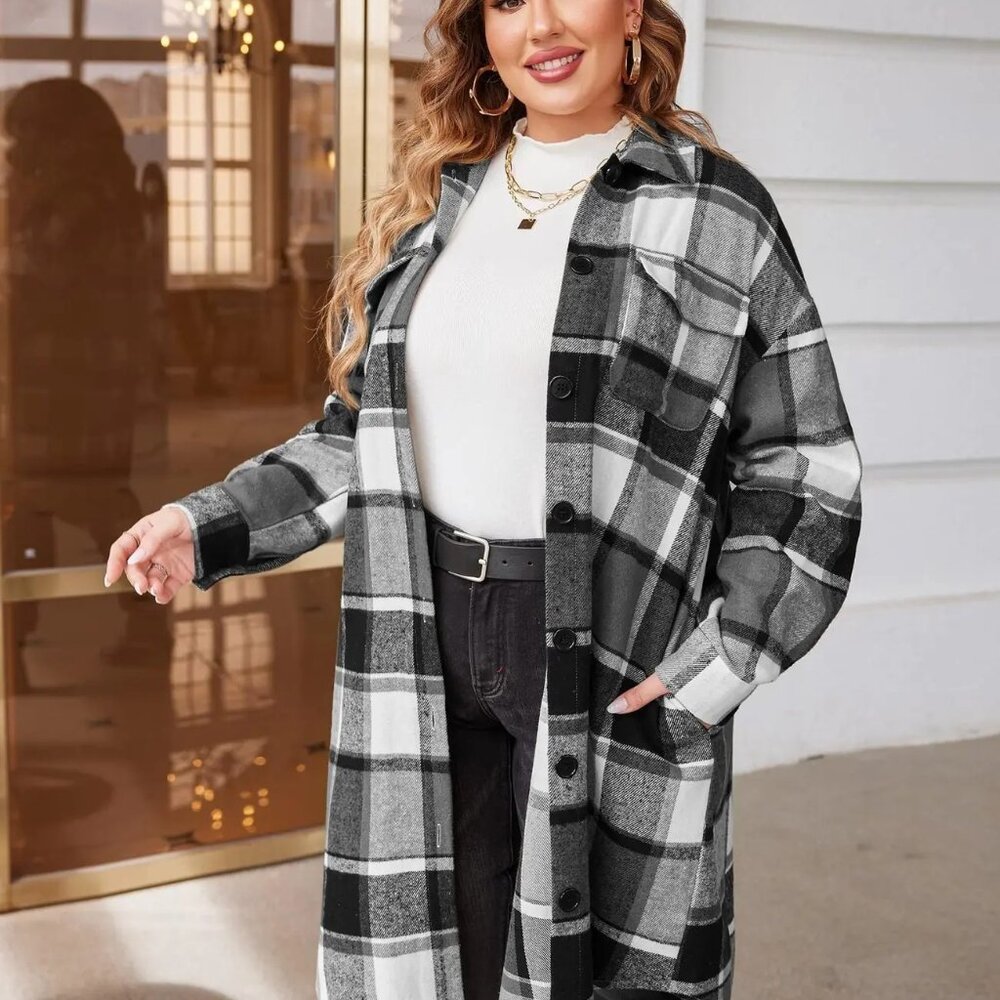 Womens Plus Size‎ Flannel Plaid Shirts Lounge Lapel Button Down Tartan Coats - Picture 3 of 4